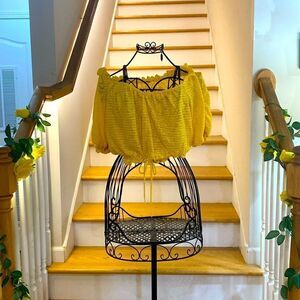 ✨🌼 Free People Golden Tee Yellow & White Striped Semi Sheer Ruched Crop Top 🌼✨